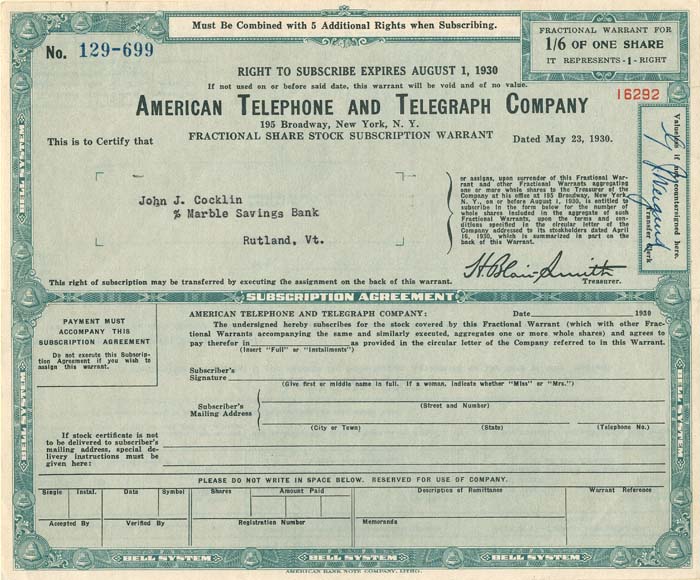 American Telephone and Telegraph Co. - Fractional Share Stock Warrant